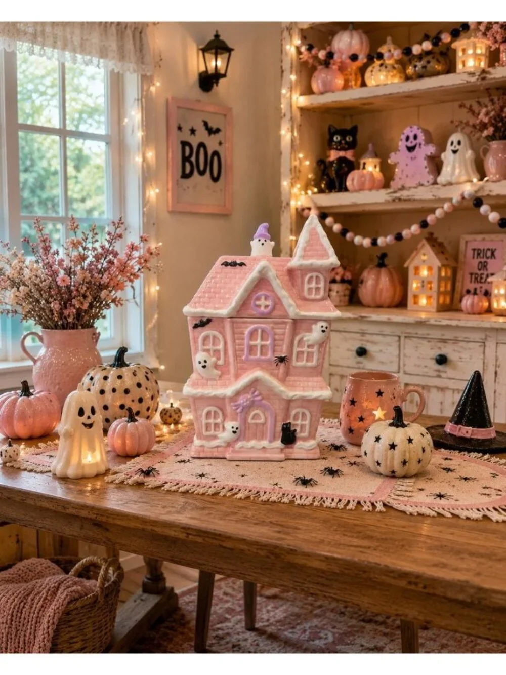 New Pastel Pink Haunted House Ghost Black Cat Spooky Kitchen Cookie Jar